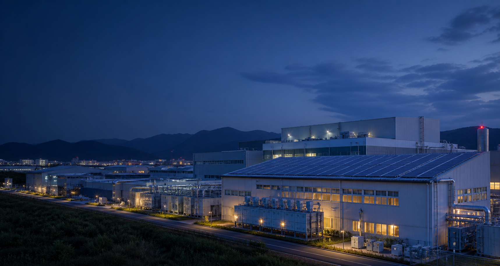 Energy-efficient Japanese manufacturing facility at blue hour